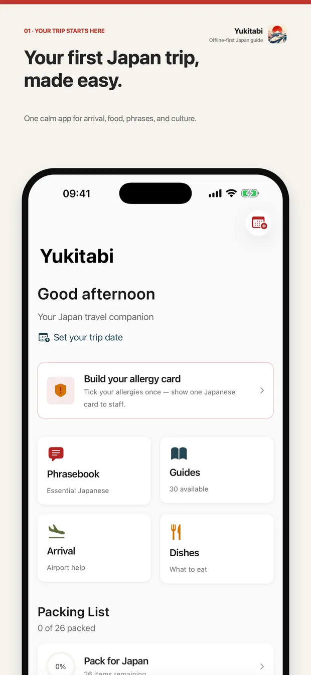 Yukitabi home screen with a trip countdown, allergy card, and quick links to phrasebook, guides, arrival, and dishes.