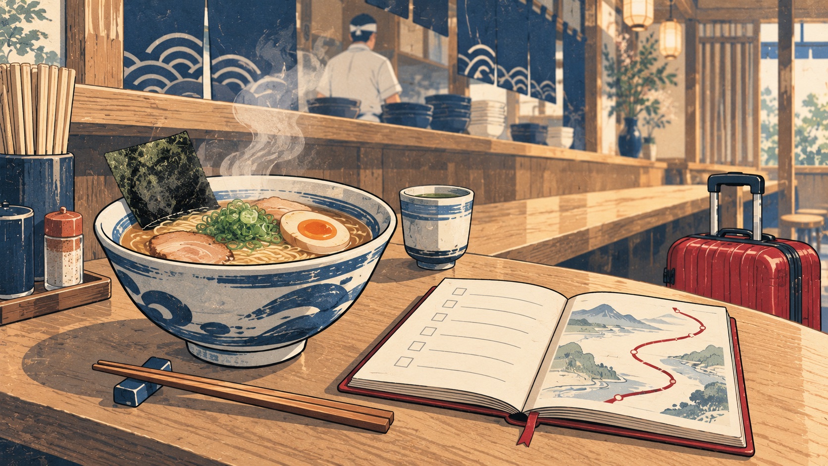 Japanese travel print of a ramen bowl and an open paper fieldbook.