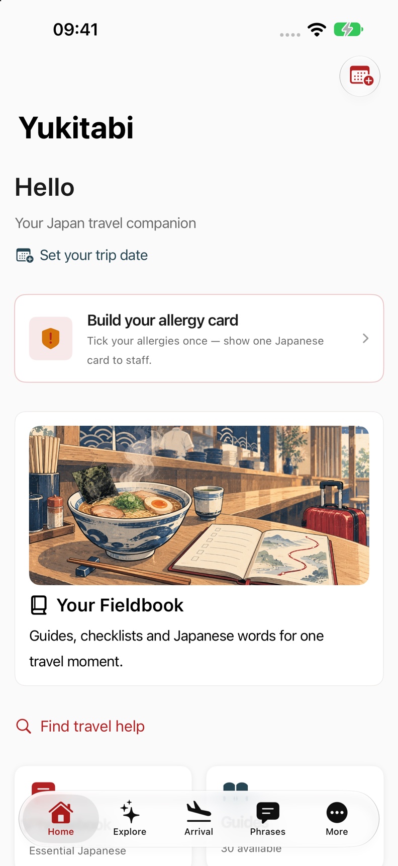 Updated Yukitabi home with offline Fieldbook, allergy card and travel help.